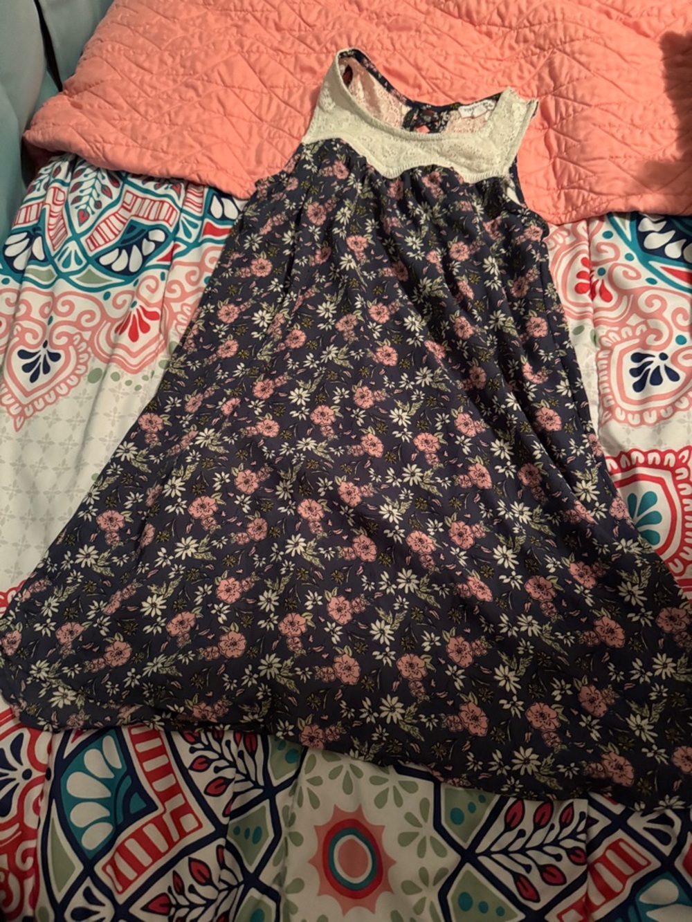 Lace Yoke Floral Sundress - Pink on Navy